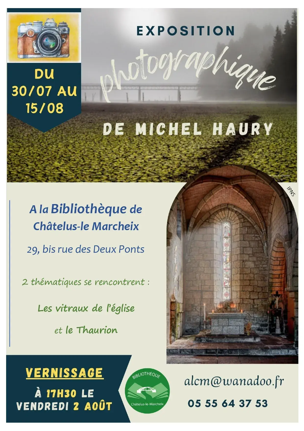 Affiche Michel Haury Photographe - exposition juillet 2024 à Châtelus-le-Marcheix 'Les vitraux de l'Eglise et le Thaurion'